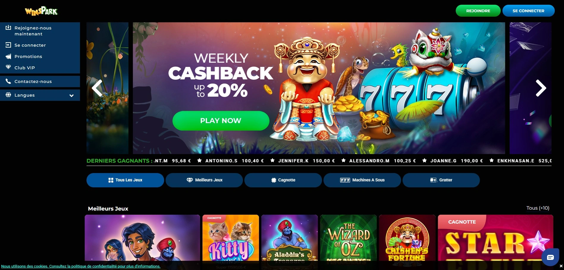 Présentation du lobby principal de Winspark Casino avec ses fonctionnalités uniques